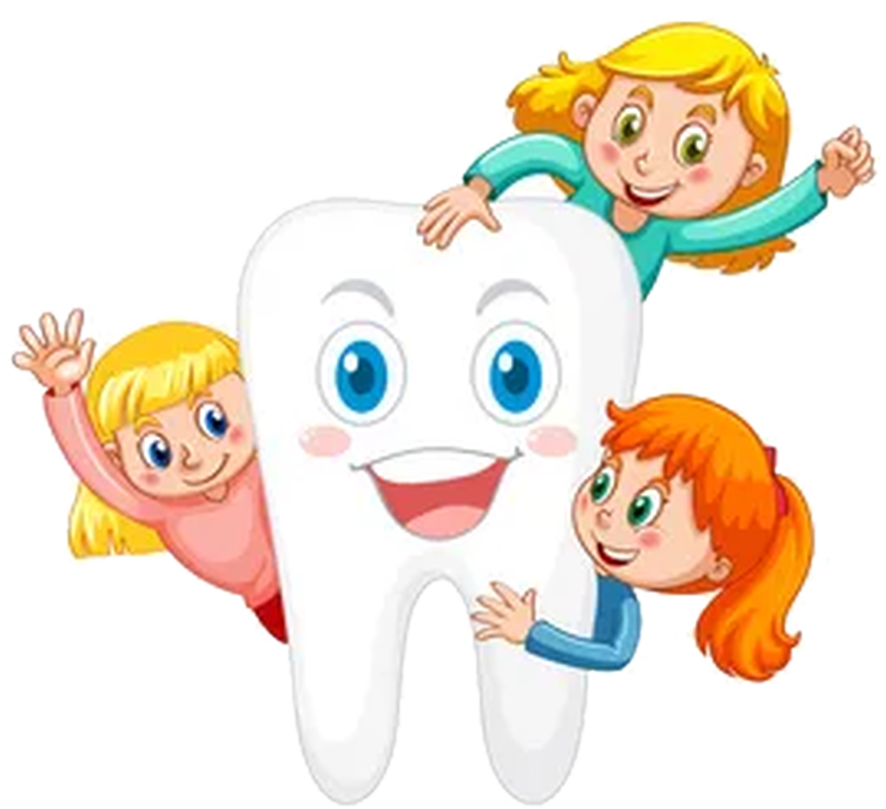 Un dentino sorridente con tre bambine che lo abbracciano